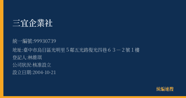 三宜企業社的照片-統編 99930739(臺中市) 公司登記資料與營業項目詳細圖表