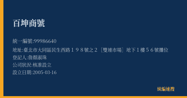 百坤商號的照片-統編 99986640(臺北市) 公司登記資料與營業項目詳細圖表