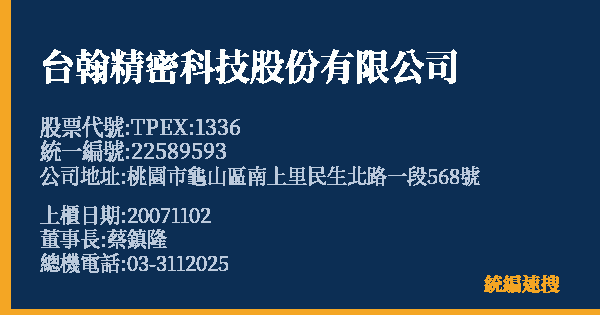 台翰精密科技股份有限公司 股票代號 TPEX:1336 統編 22589593 上櫃公司基本資料圖