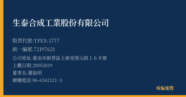 生泰合成工業股份有限公司 股票代號 TPEX:1777 統編 72197621 上櫃公司基本資料圖
