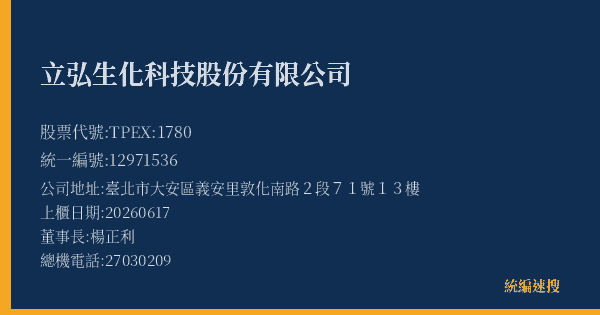 立弘生化科技股份有限公司 股票代號 TPEX:1780 統編 12971536 上櫃公司基本資料圖