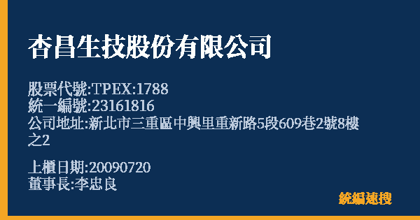 杏昌生技股份有限公司 股票代號 TPEX:1788 統編 23161816 上櫃公司基本資料圖
