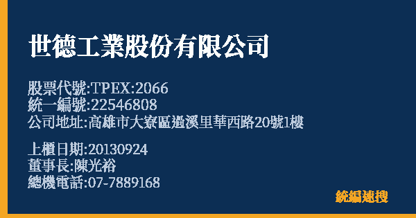 世德工業股份有限公司 股票代號 TPEX:2066 統編 22546808 上櫃公司基本資料圖