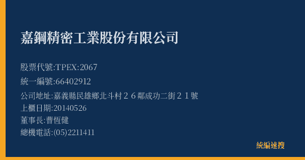 嘉鋼精密工業股份有限公司 股票代號 TPEX:2067 統編 66402912 上櫃公司基本資料圖