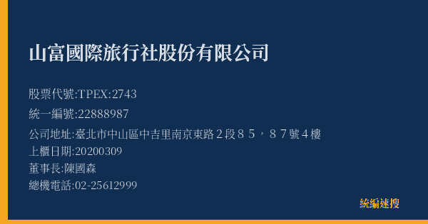山富國際旅行社股份有限公司 股票代號 TPEX:2743 統編 22888987 上櫃公司基本資料圖
