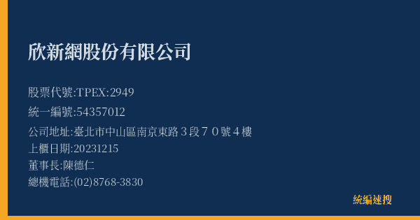 欣新網股份有限公司 股票代號 TPEX:2949 統編 54357012 上櫃公司基本資料圖