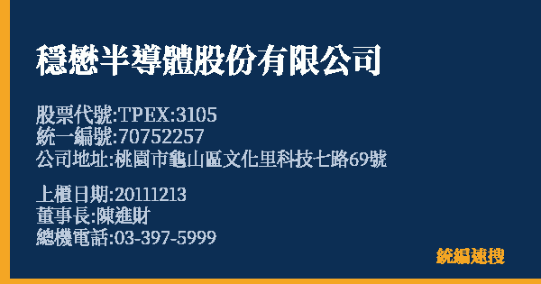 穩懋半導體股份有限公司 股票代號 TPEX:3105 統編 70752257 上櫃公司基本資料圖