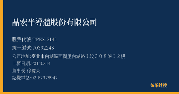 晶宏半導體股份有限公司 股票代號 TPEX:3141 統編 70392248 上櫃公司基本資料圖