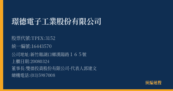 璟德電子工業股份有限公司 股票代號 TPEX:3152 統編 16443570 上櫃公司基本資料圖