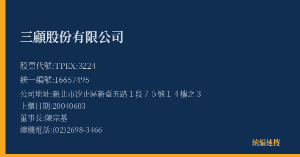 三顧股份有限公司 股票代號 TPEX:3224 統編 16657495 上櫃公司基本資料圖