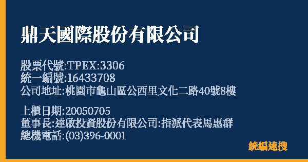 鼎天國際股份有限公司 股票代號 TPEX:3306 統編 16433708 上櫃公司基本資料圖