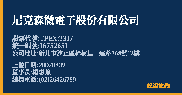 尼克森微電子股份有限公司 股票代號 TPEX:3317 統編 16752651 上櫃公司基本資料圖