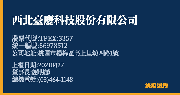 西北臺慶科技股份有限公司 股票代號 TPEX:3357 統編 86978512 上櫃公司基本資料圖