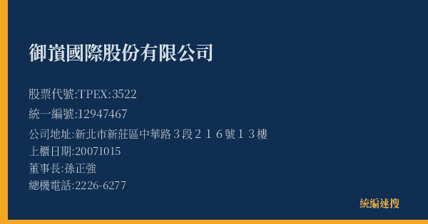 御嵿國際股份有限公司 股票代號 TPEX:3522 統編 12947467 上櫃公司基本資料圖