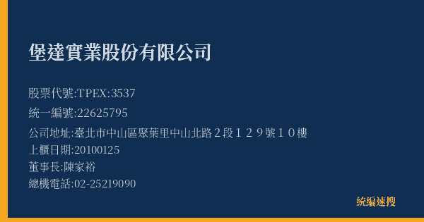 堡達實業股份有限公司 股票代號 TPEX:3537 統編 22625795 上櫃公司基本資料圖