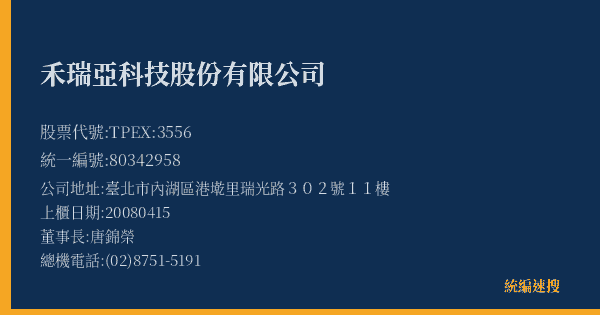 禾瑞亞科技股份有限公司 股票代號 TPEX:3556 統編 80342958 上櫃公司基本資料圖