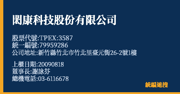 閎康科技股份有限公司 股票代號 TPEX:3587 統編 79959286 上櫃公司基本資料圖