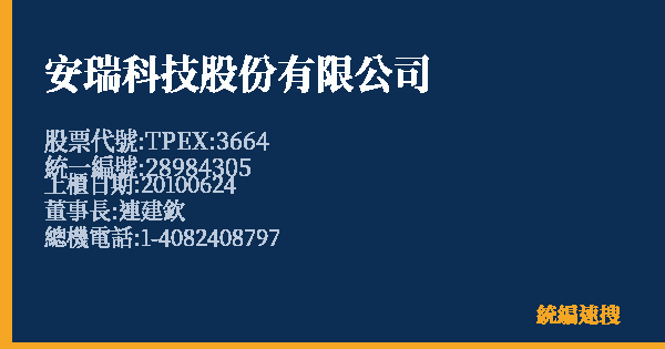 安瑞科技股份有限公司 股票代號 TPEX:3664 統編 28984305 上櫃公司基本資料圖