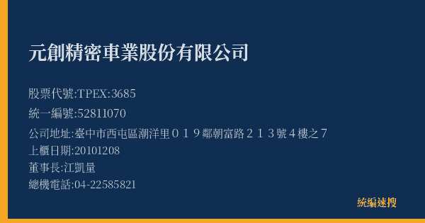 元創精密車業股份有限公司 股票代號 TPEX:3685 統編 52811070 上櫃公司基本資料圖