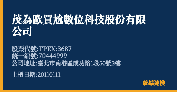 茂為歐買尬數位科技股份有限公司 股票代號 TPEX:3687 統編 70444999 上櫃公司基本資料圖