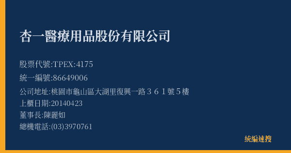 杏一醫療用品股份有限公司 股票代號 TPEX:4175 統編 86649006 上櫃公司基本資料圖