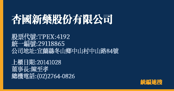 杏國新藥股份有限公司 股票代號 TPEX:4192 統編 29118865 上櫃公司基本資料圖