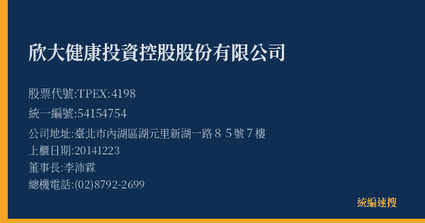欣大健康投資控股股份有限公司 股票代號 TPEX:4198 統編 54154754 上櫃公司基本資料圖