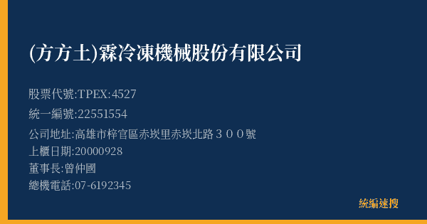 (方方土)霖冷凍機械股份有限公司 股票代號 TPEX:4527 統編 22551554 上櫃公司基本資料圖
