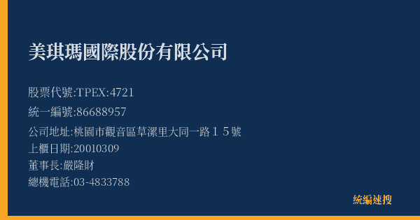 美琪瑪國際股份有限公司 股票代號 TPEX:4721 統編 86688957 上櫃公司基本資料圖