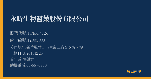 永昕生物醫藥股份有限公司 股票代號 TPEX:4726 統編 12905993 上櫃公司基本資料圖