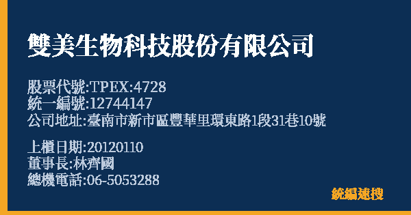 雙美生物科技股份有限公司 股票代號 TPEX:4728 統編 12744147 上櫃公司基本資料圖