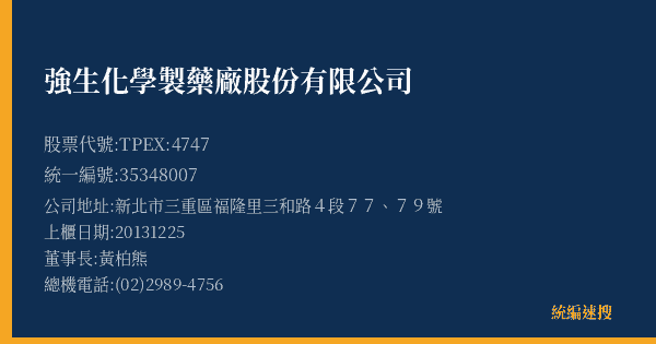 強生化學製藥廠股份有限公司 股票代號 TPEX:4747 統編 35348007 上櫃公司基本資料圖