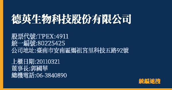 德英生物科技股份有限公司 股票代號 TPEX:4911 統編 80225425 上櫃公司基本資料圖