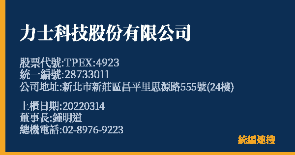 力士科技股份有限公司 股票代號 TPEX:4923 統編 28733011 上櫃公司基本資料圖