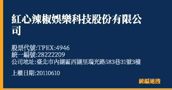紅心辣椒娛樂科技股份有限公司 股票代號 TPEX:4946 統編 28222209 上櫃公司基本資料圖