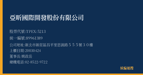 亞昕國際開發股份有限公司 股票代號 TPEX:5213 統編 89961389 上櫃公司基本資料圖