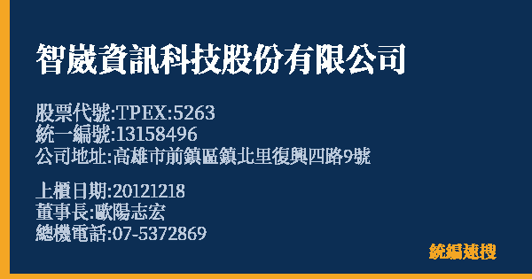 智崴資訊科技股份有限公司 股票代號 TPEX:5263 統編 13158496 上櫃公司基本資料圖