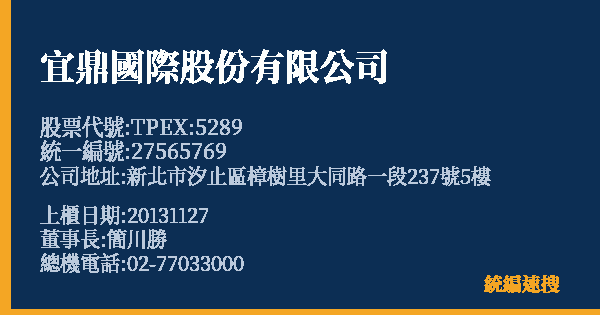 宜鼎國際股份有限公司 股票代號 TPEX:5289 統編 27565769 上櫃公司基本資料圖