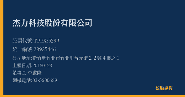 杰力科技股份有限公司 股票代號 TPEX:5299 統編 28935446 上櫃公司基本資料圖