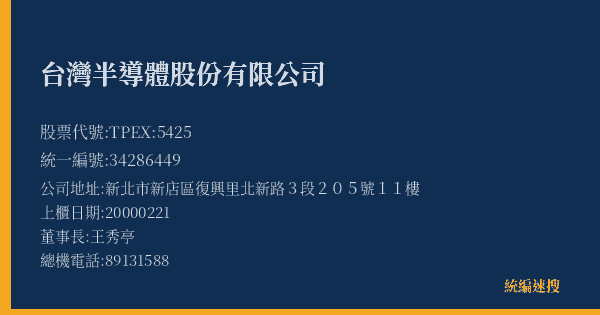 台灣半導體股份有限公司 股票代號 TPEX:5425 統編 34286449 上櫃公司基本資料圖