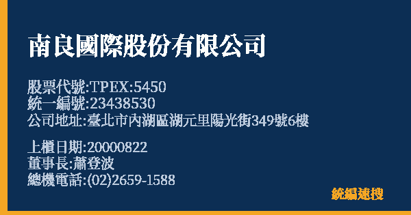 南良國際股份有限公司 股票代號 TPEX:5450 統編 23438530 上櫃公司基本資料圖