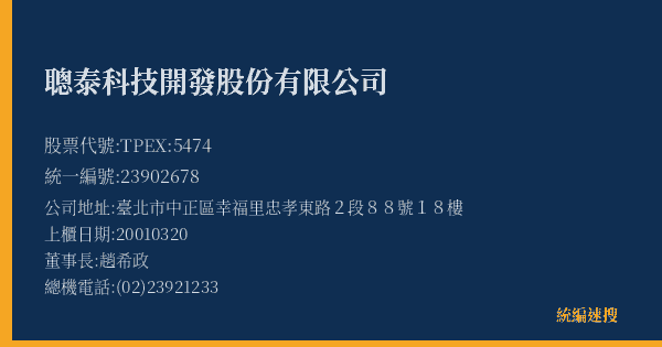 聰泰科技開發股份有限公司 股票代號 TPEX:5474 統編 23902678 上櫃公司基本資料圖