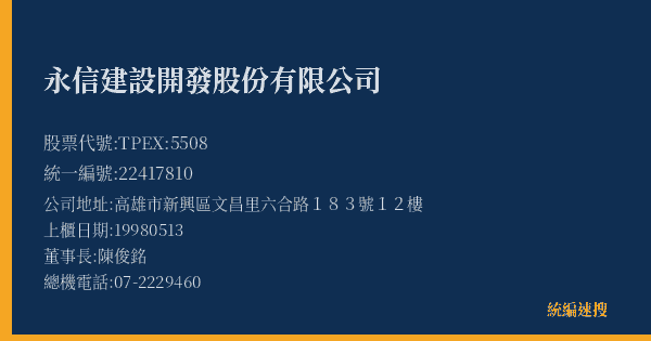 永信建設開發股份有限公司 股票代號 TPEX:5508 統編 22417810 上櫃公司基本資料圖
