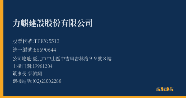 力麒建設股份有限公司 股票代號 TPEX:5512 統編 86690644 上櫃公司基本資料圖