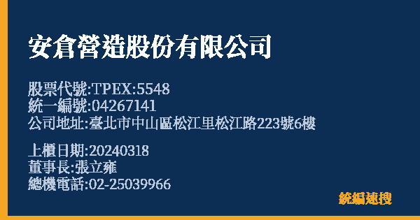 安倉營造股份有限公司 股票代號 TPEX:5548 統編 04267141 上櫃公司基本資料圖