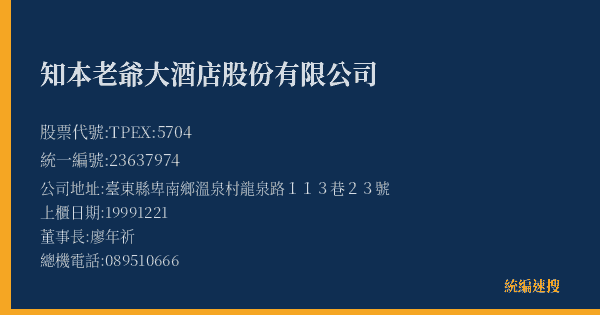 知本老爺大酒店股份有限公司 股票代號 TPEX:5704 統編 23637974 上櫃公司基本資料圖