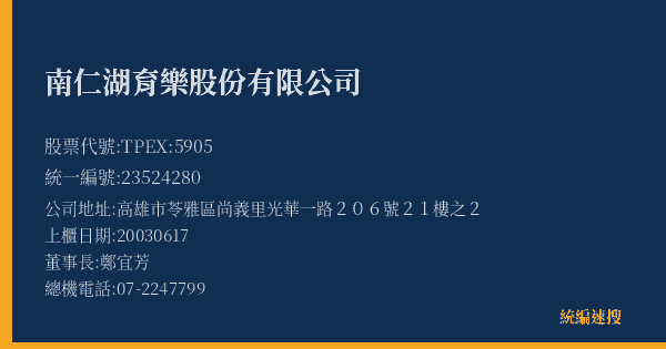 南仁湖育樂股份有限公司 股票代號 TPEX:5905 統編 23524280 上櫃公司基本資料圖