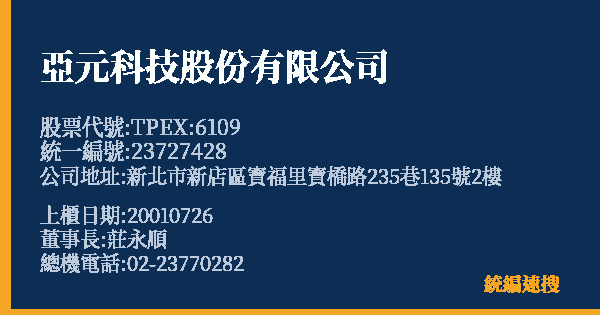 亞元科技股份有限公司 股票代號 TPEX:6109 統編 23727428 上櫃公司基本資料圖