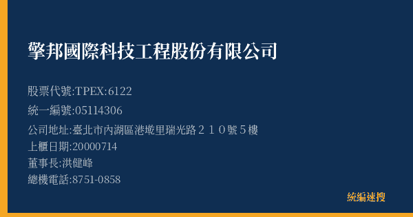 擎邦國際科技工程股份有限公司 股票代號 TPEX:6122 統編 05114306 上櫃公司基本資料圖
