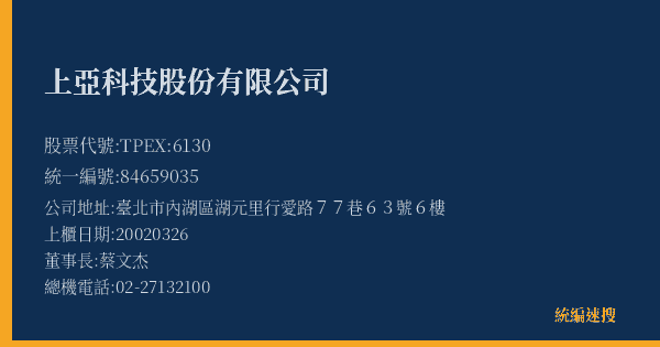 上亞科技股份有限公司 股票代號 TPEX:6130 統編 84659035 上櫃公司基本資料圖